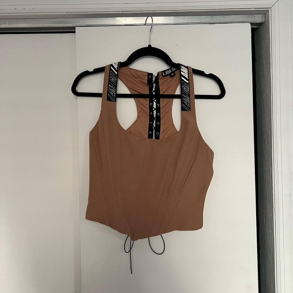 I.AM.GIA Tan Crop Top with Black Straps